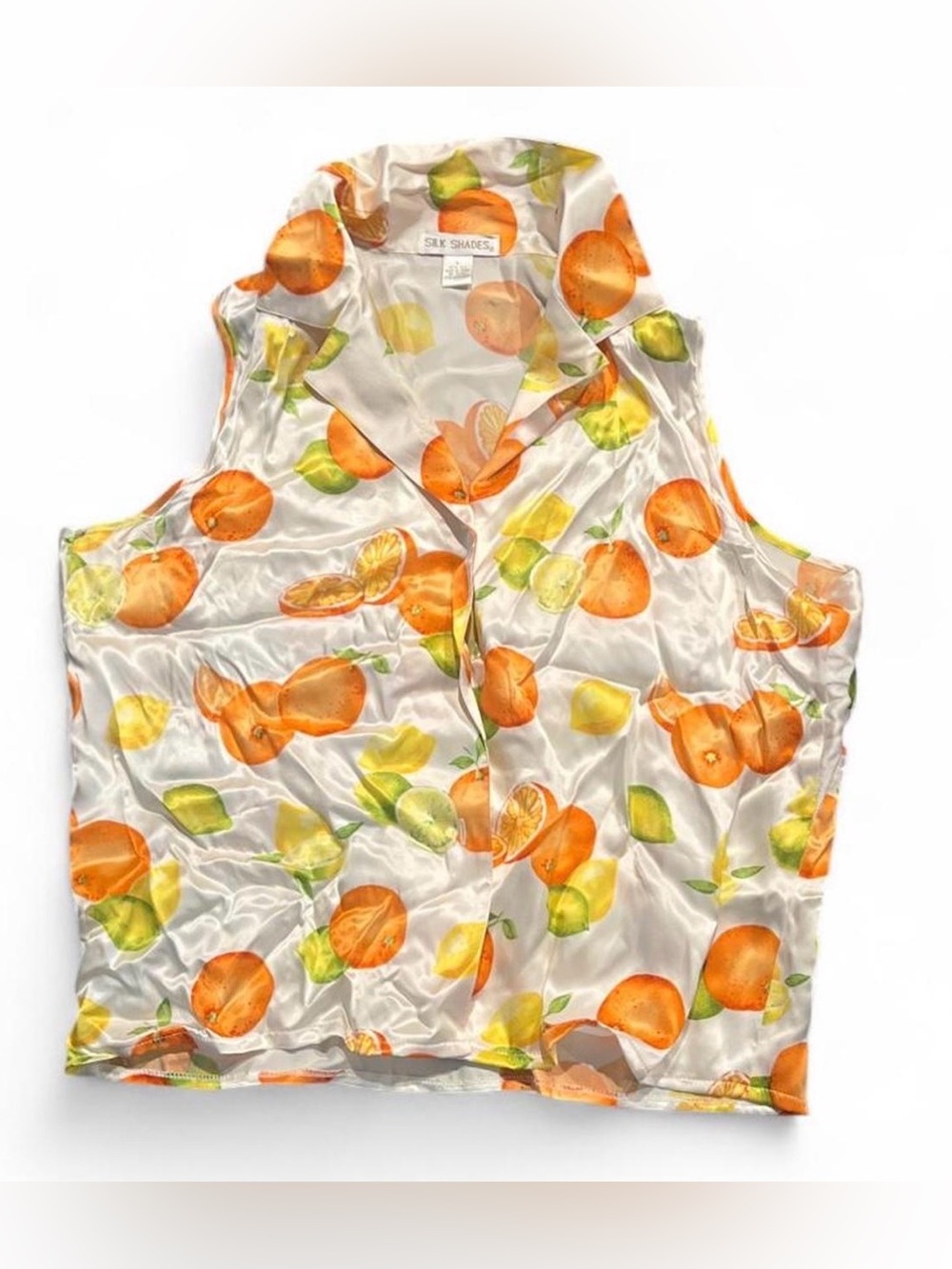 Silk Shades Citrus Print Silk sleeveless button up blouse Orange & Lime - Picture 1 of 1